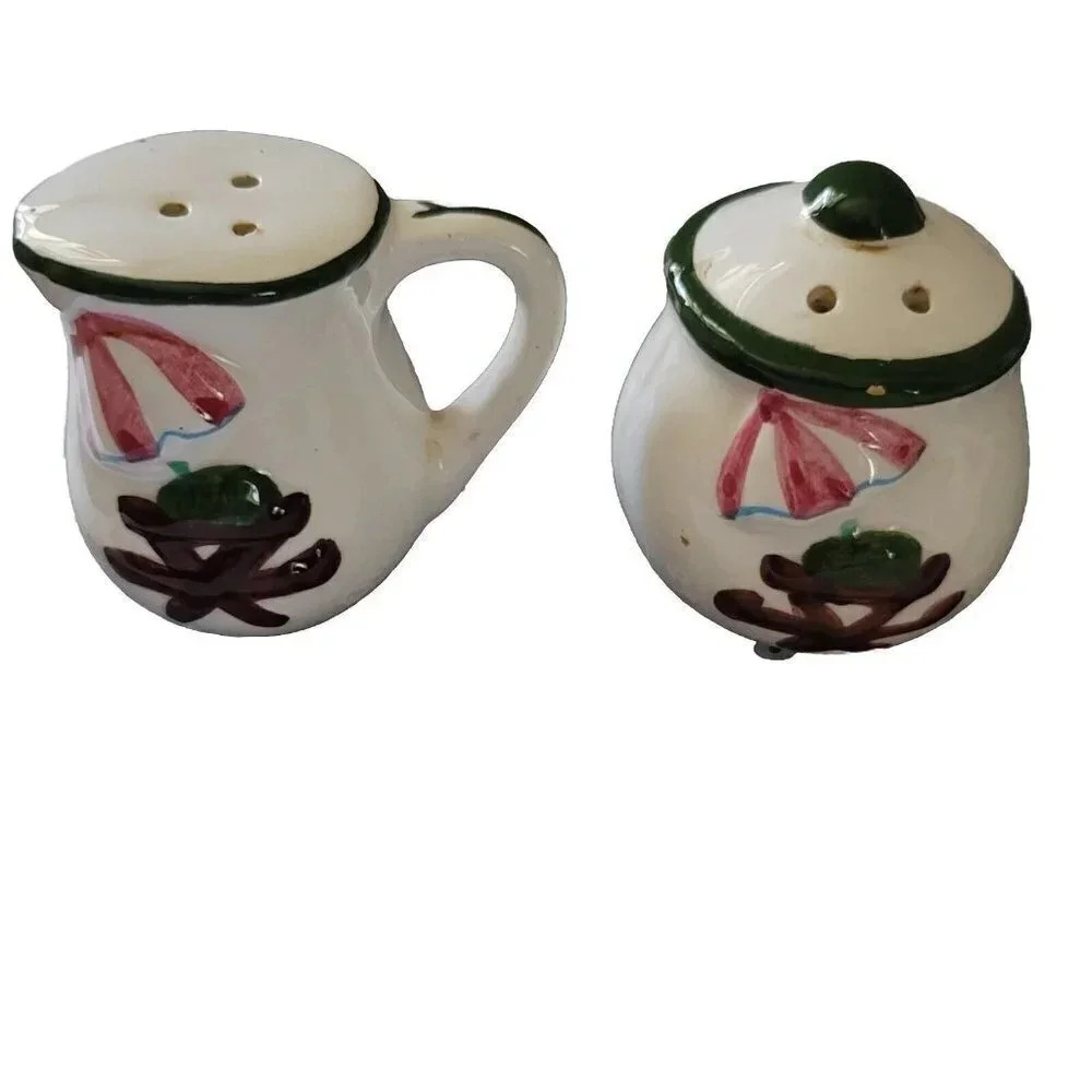 Ceramic Salt and Pepper Shakers Umbrella on Table Beach Scene